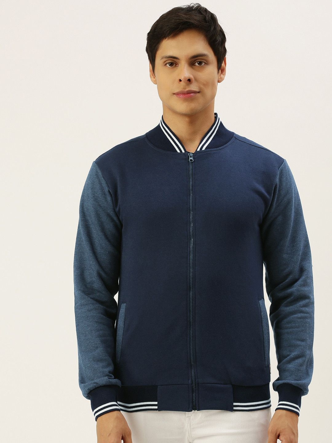CAHOOT Men Navy Blue Colourblocked Windcheater Varsity Jacket