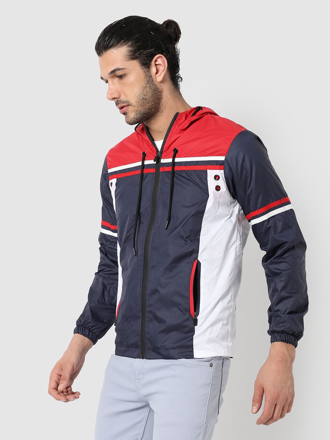 CAHOOT Men Navy Blue & Red Colourblocked Windcheater Outdoor Biker Jacket