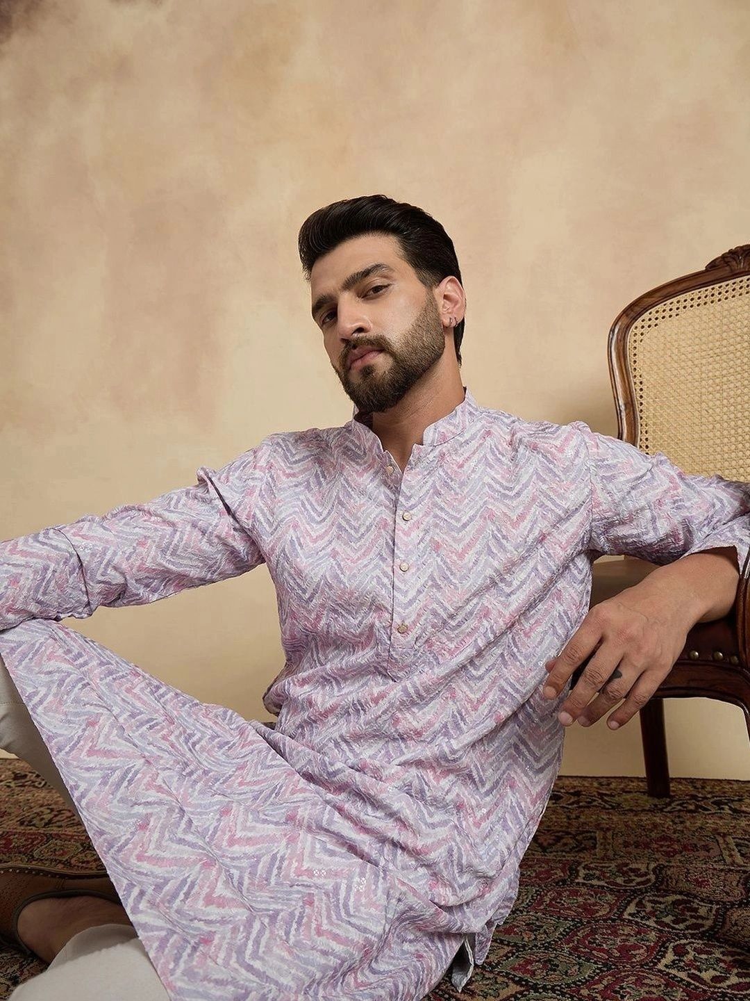 House of Pataudi Embroidered Mandarin Collar Calf Length Straight Kurta