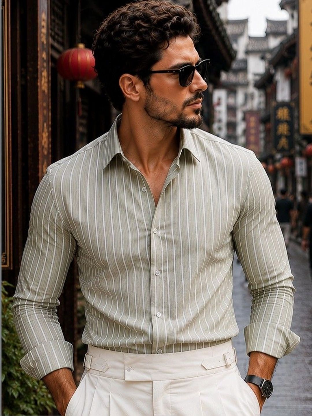 Foomer Men Standard Vertical Striped Spread Collar Cotton Casual Shirt