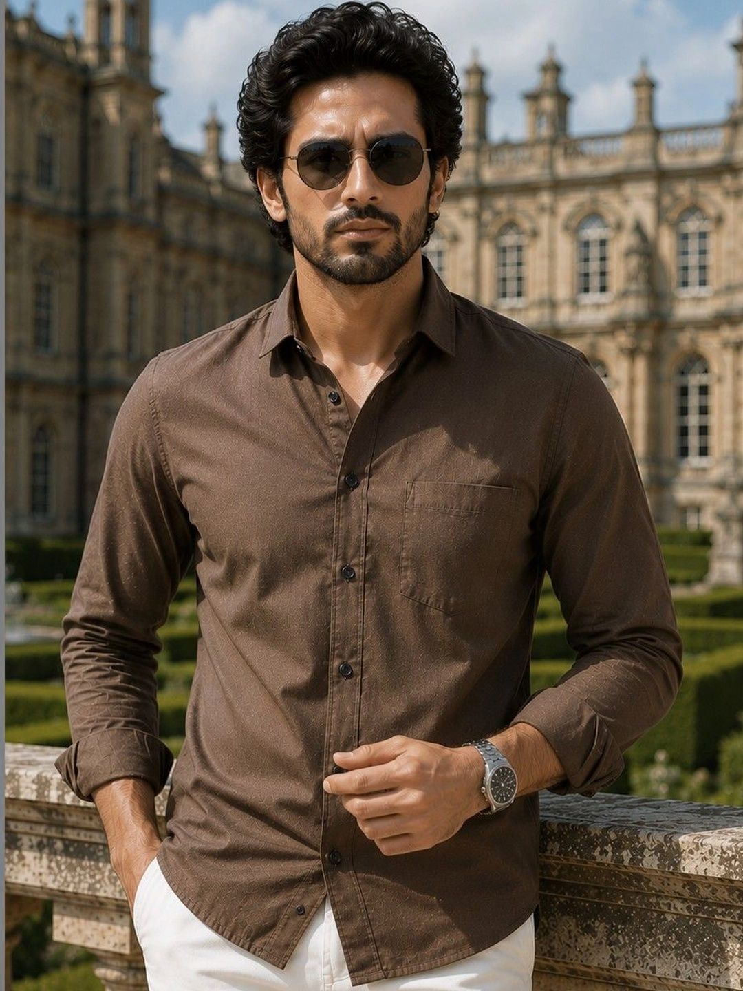Foomer Men Cotton Solid Brown Standard Casual Shirt