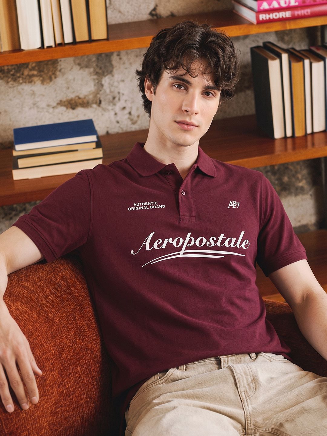 Aeropostale Brand Logo Printed Polo Collar Pure Cotton T-shirt