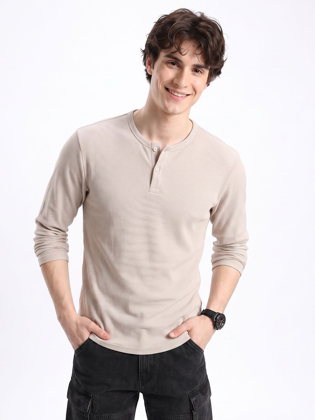 Aeropostale Self Design Henley Neck Pure Cotton T-shirt