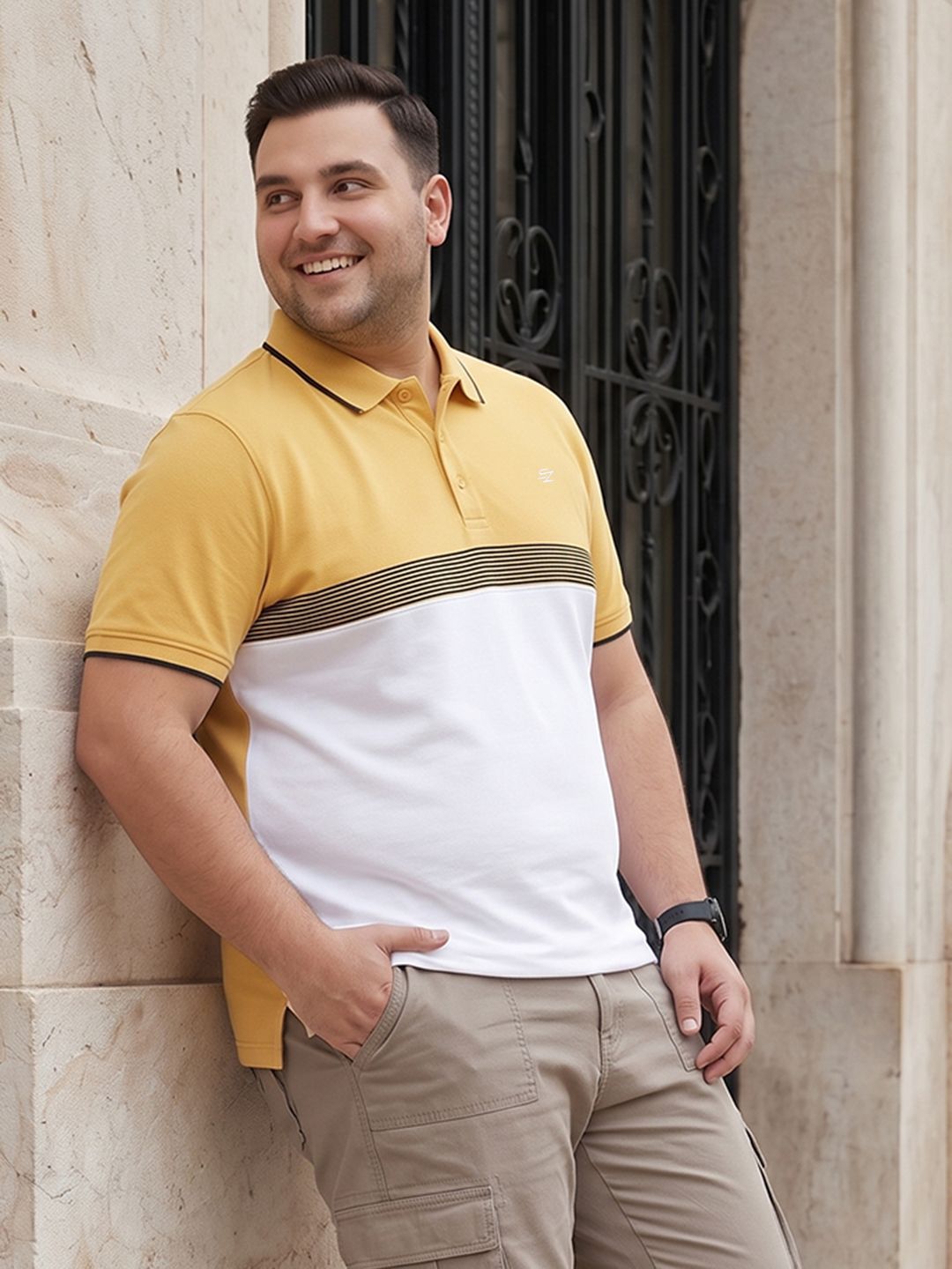 Sztori Plus Size Colourblocked Polo Collar Pure Cotton T-shirt