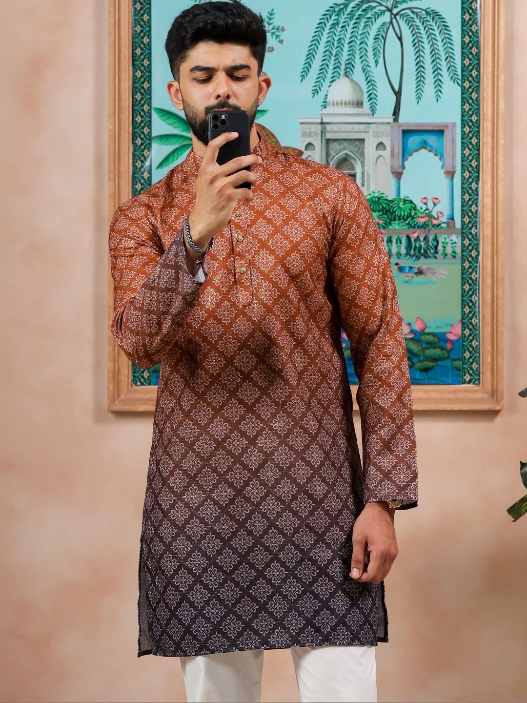 Koshin Men Floral Printed Festive Cotton Straight Kurta