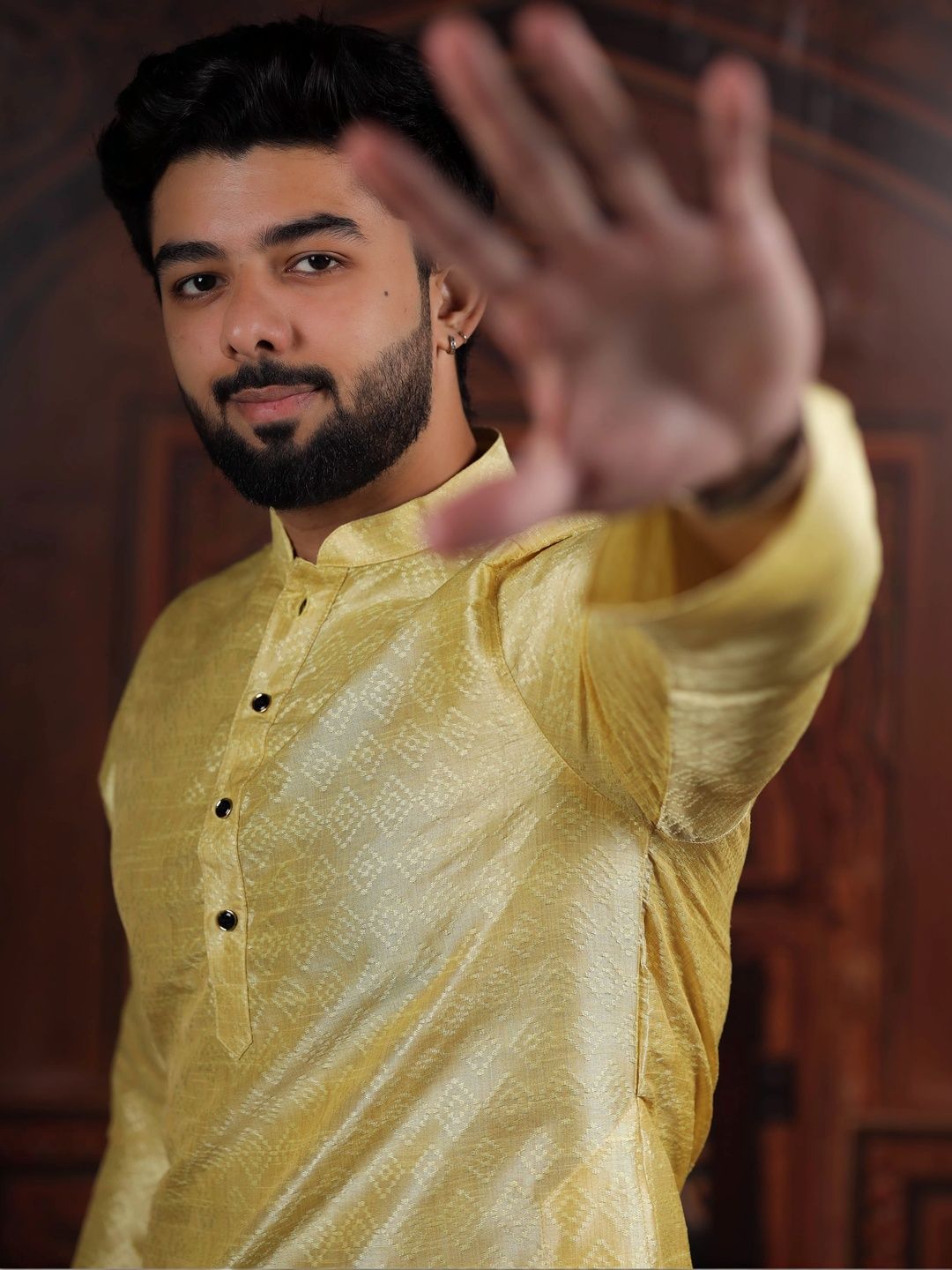 Koshin Men Lemon Yellow Woven Design Art Silk Straight Kurtas