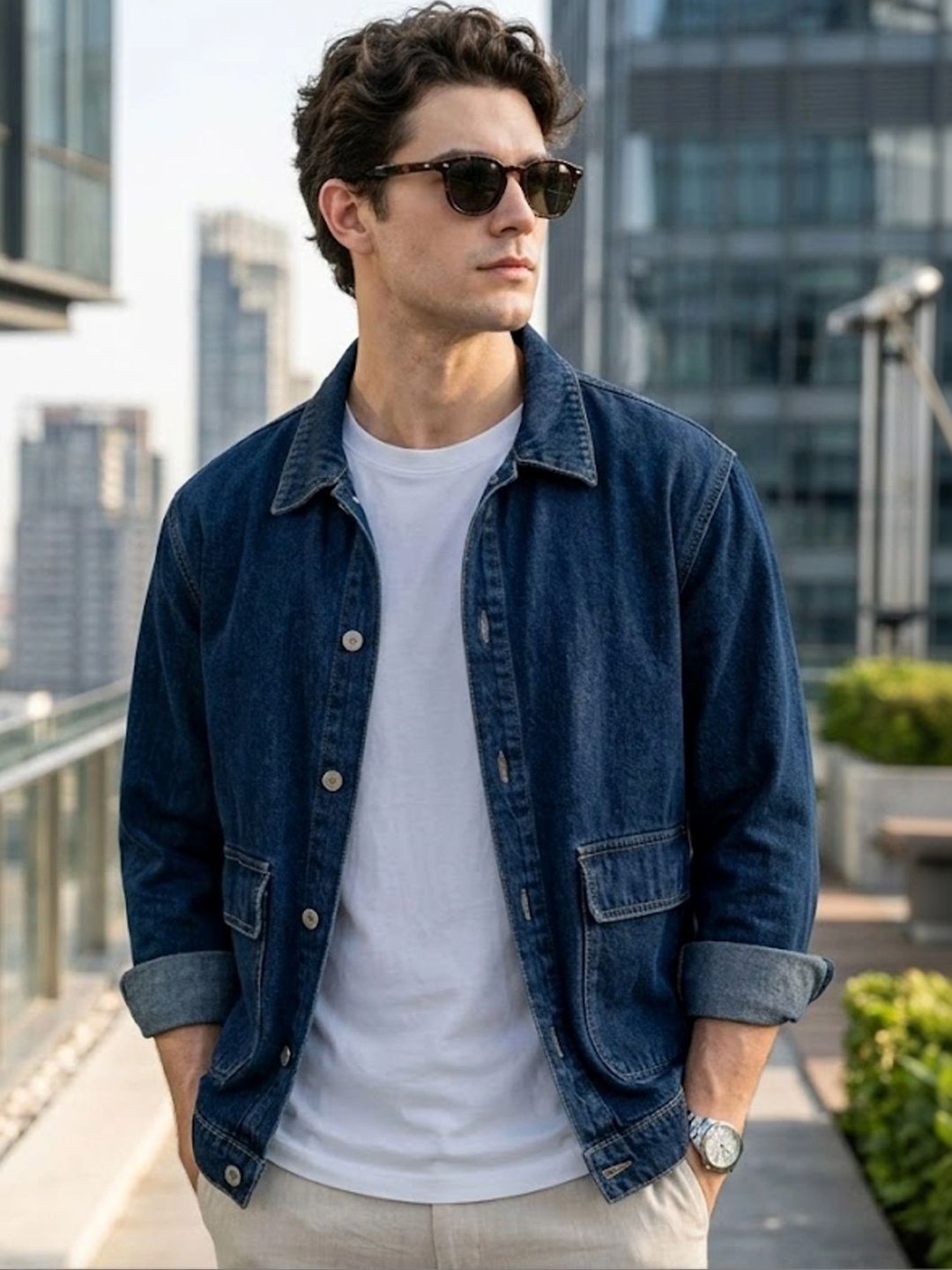 Urbano Fashion Men Spread Collar Solid Denim Jacket