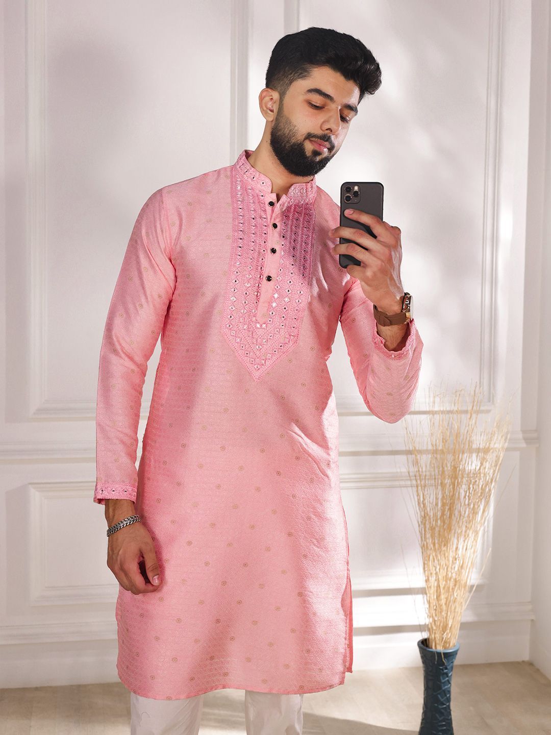 Koshin Floral Woven Design Long Sleeves Mirror Embroidered Art Silk Straight Kurta