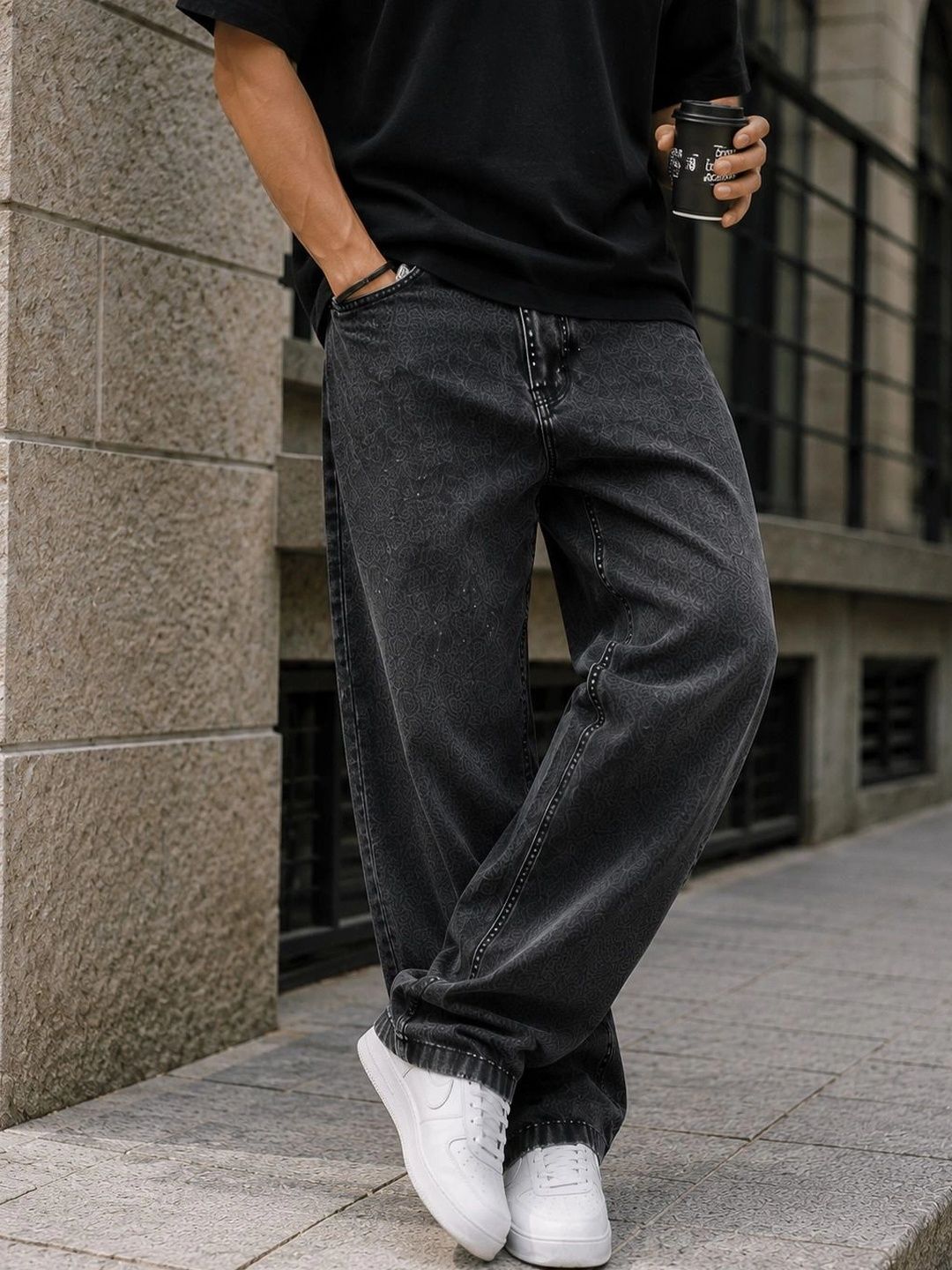 MARK VIEW Men Wide Leg Mid-Rise Low Distress Stretchable Jeans