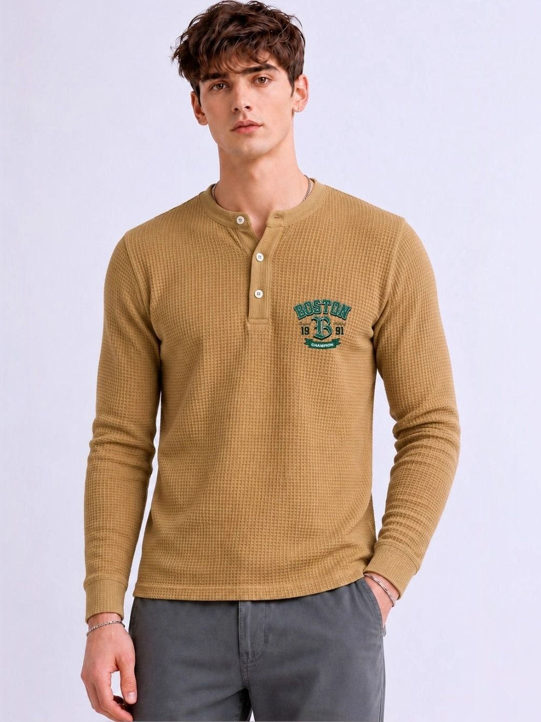 Mobox Men Brand Logo Henley Neck T-shirt