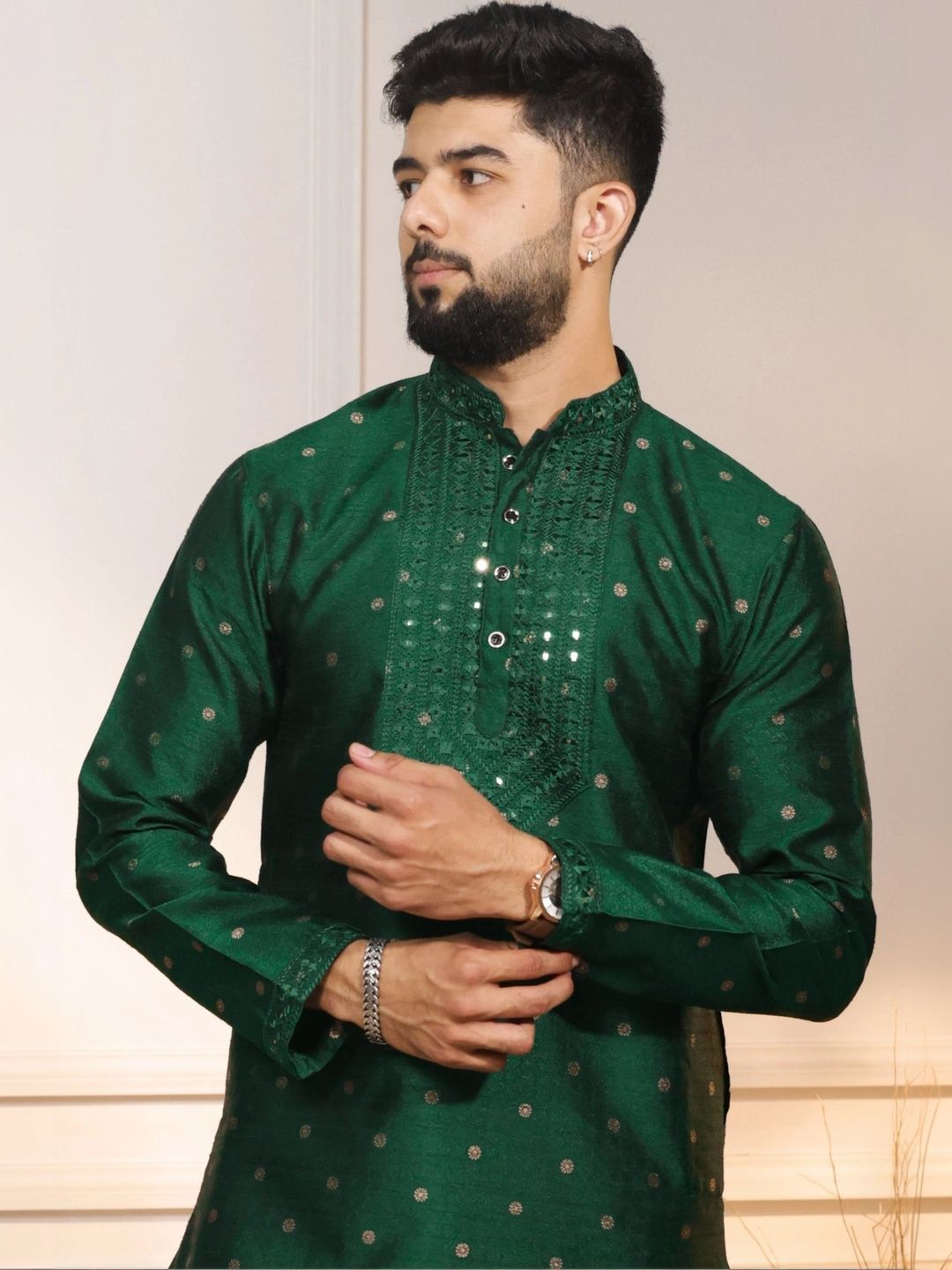 Koshin Floral Woven Design Mandarin Collar Mirror Embroidered Jacquard Art Silk Kurta