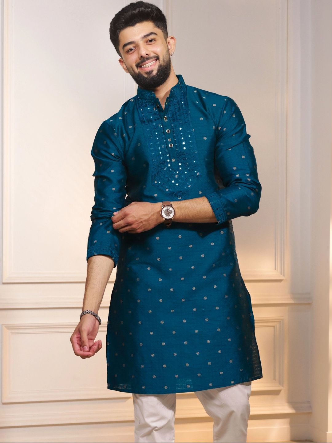 Koshin Floral Woven Design Mandarin Collar Neck Regular Jacquard Art Silk Straight Kurta