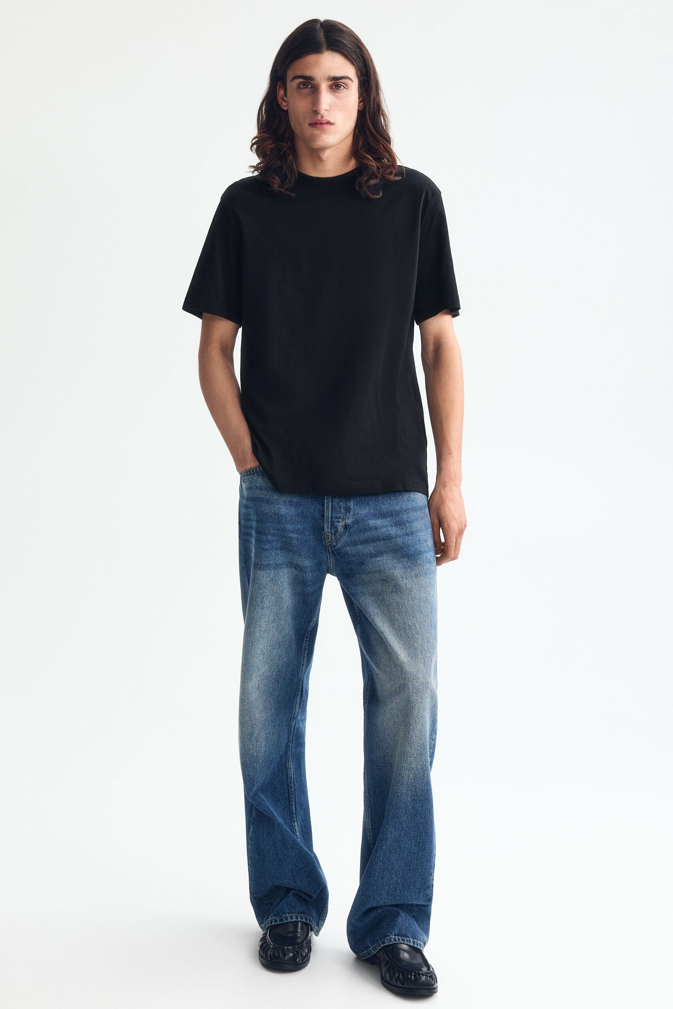 H&M HM Men Black Solid Cotton Pure Cotton T-shirt Regular Fit