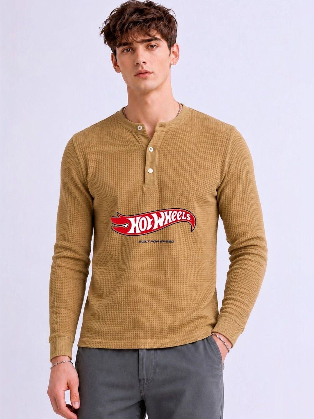 Mobox Men Brand Logo Henley Neck T-shirt
