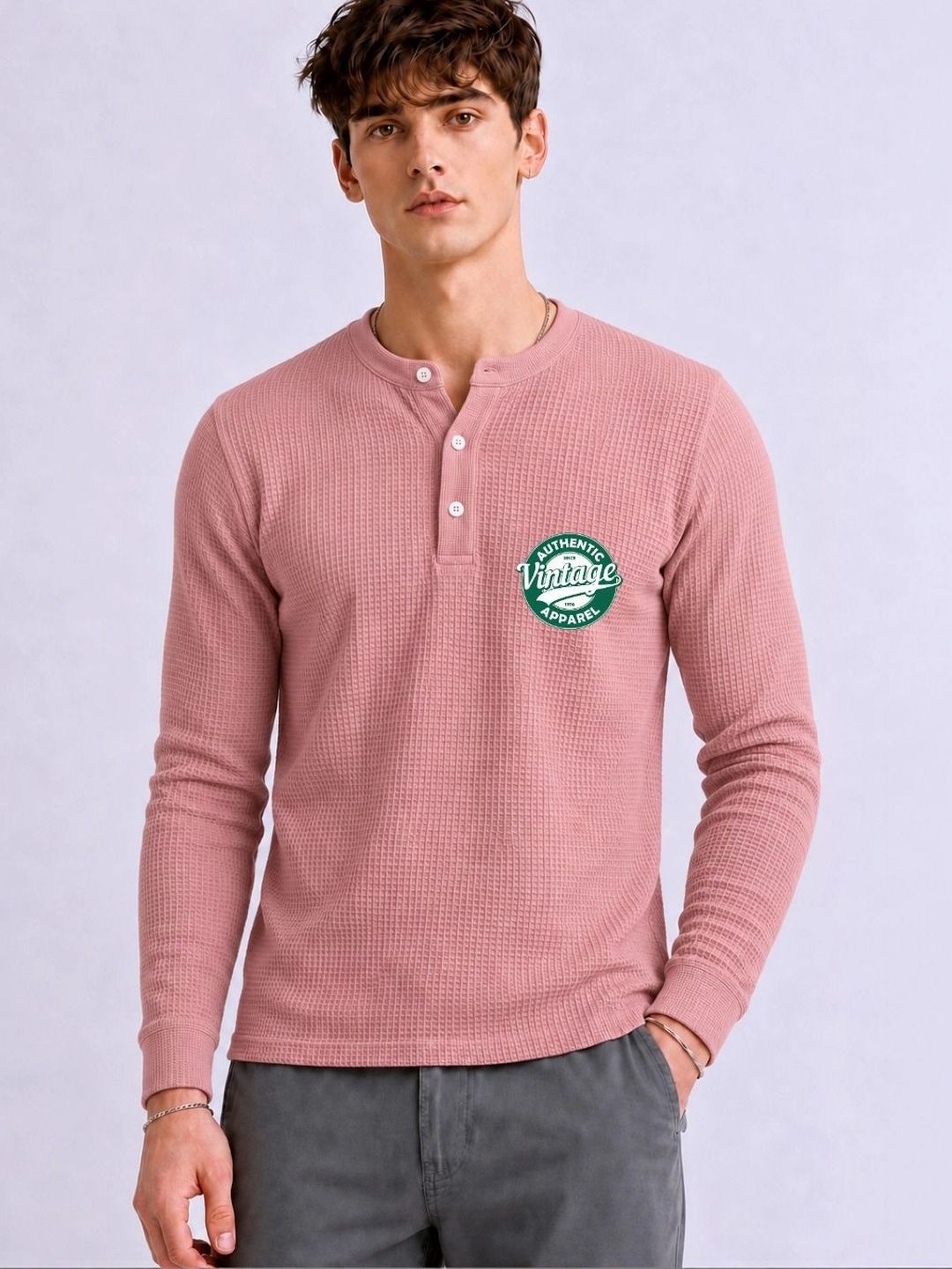 Mobox Men Brand Logo Henley Neck Pockets T-shirt