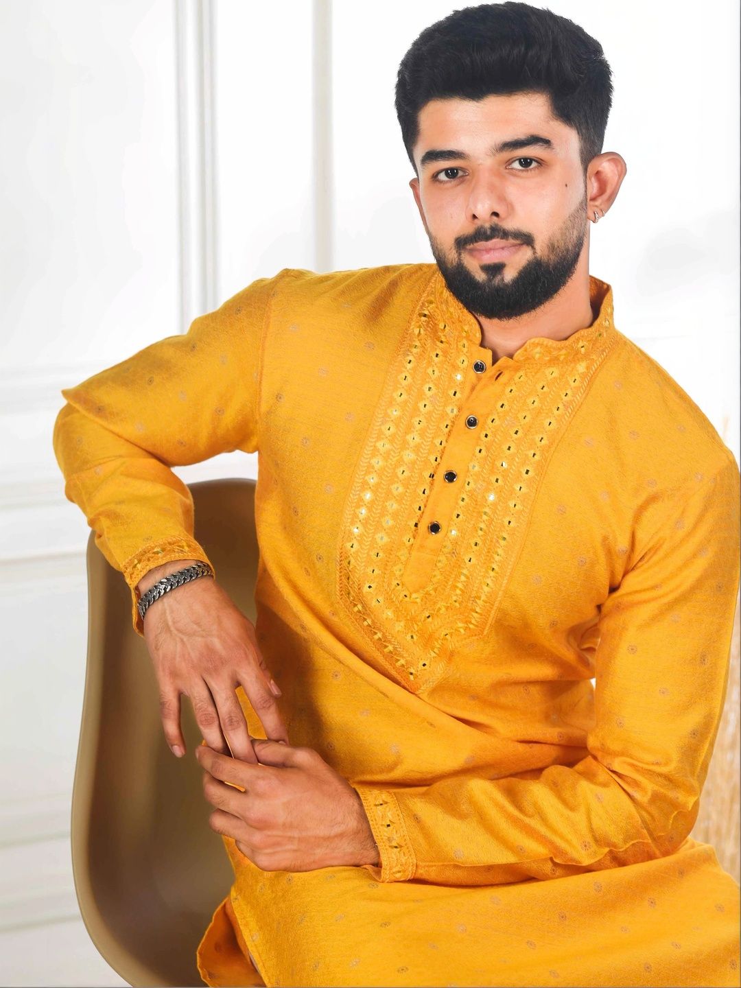 Koshin Floral Woven Design Long Sleeves Mirror Work Jacquard Art Silk Straight Kurta