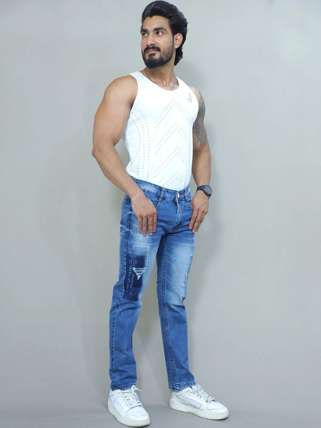 GEX Men Regular Fit Mid-Rise Highly Distressed Printed Jeans