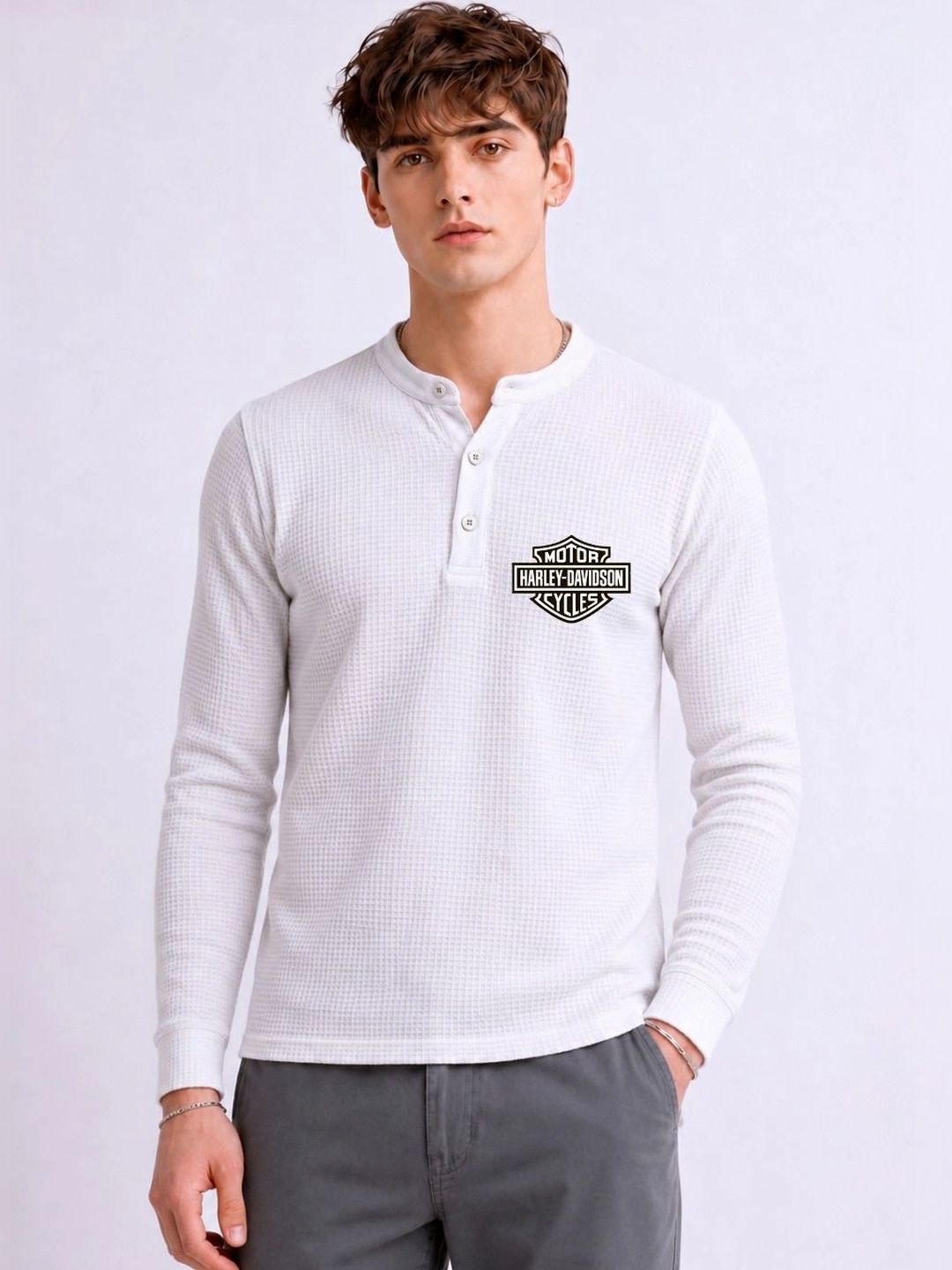 Mobox Men Brand Logo Henley Neck T-shirt