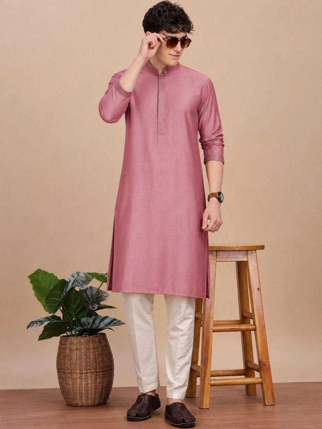 Anouk Men Button Patti Embroidery Straight Kurta