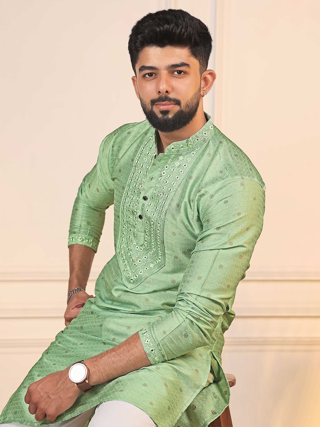 Koshin Floral Woven Design Long Sleeves Regular Mirror Work Jacquard Art Silk Kurta