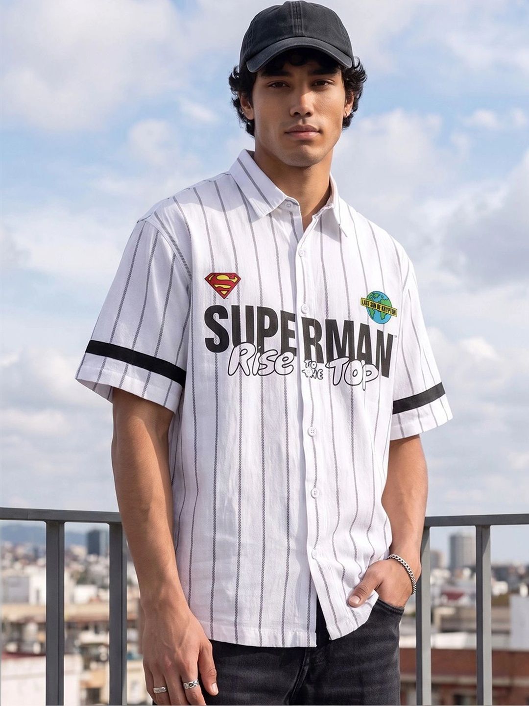 Bewakoof Men's White Superman Typography Striped Oversized Shirt