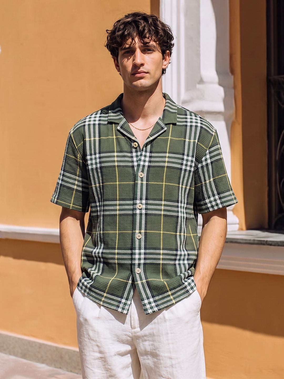 The Indian Garage Co Men Relaxed Fit Checkered Waffle Textured Resortwear Shirt