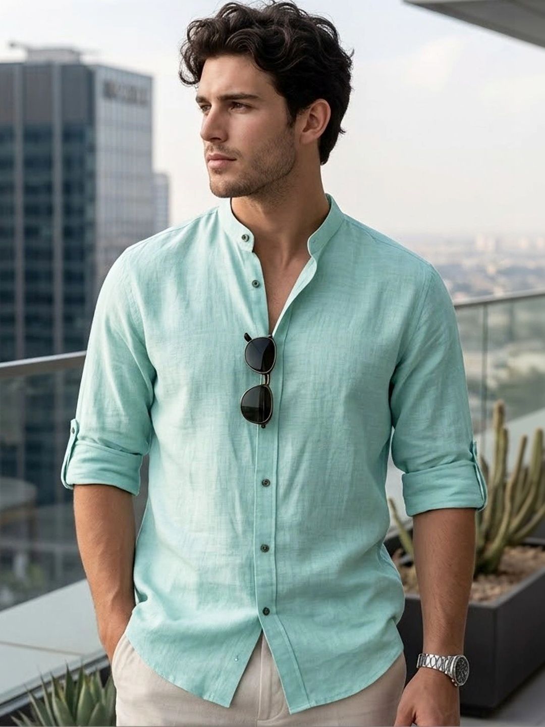 Urbano Fashion Men Light Blue Solid Linen Full Sleeve Relaxed Fit Mandarin Collar Casual Shirt