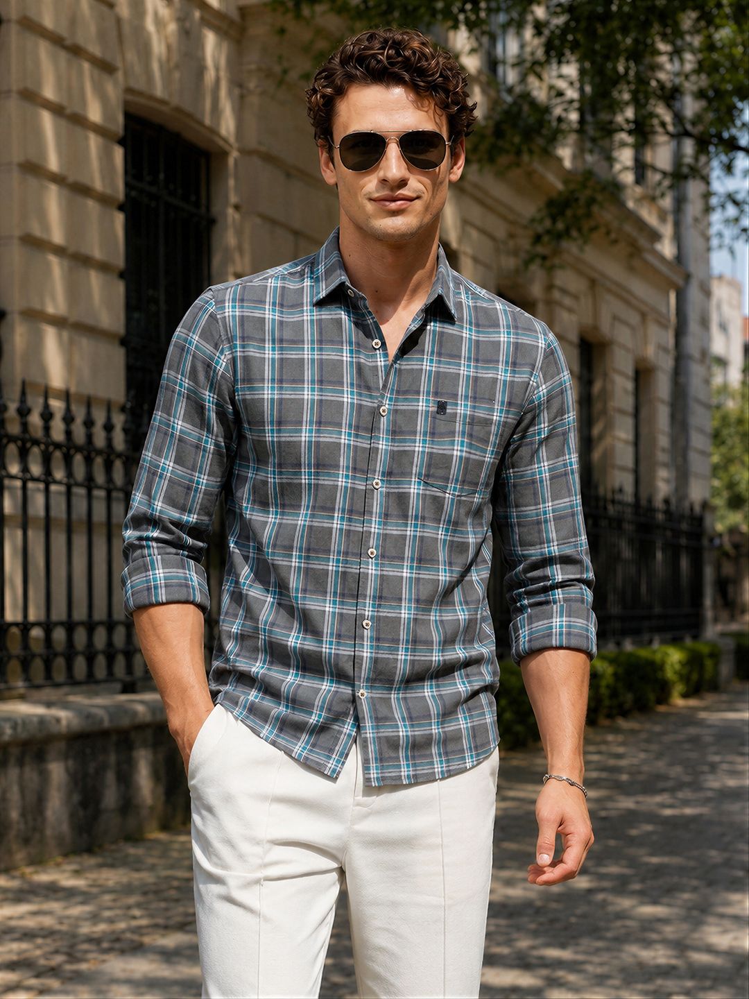 The Indian Garage Co Men Charcoal Grey & Green Checked Pure Cotton Casual Shirt