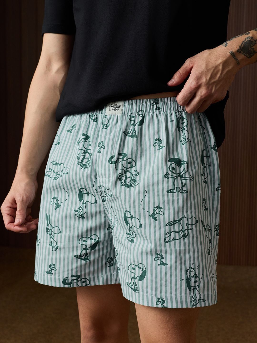 The Souled Store Men Regular Fit Peanuts Printed Green Boxer Shorts