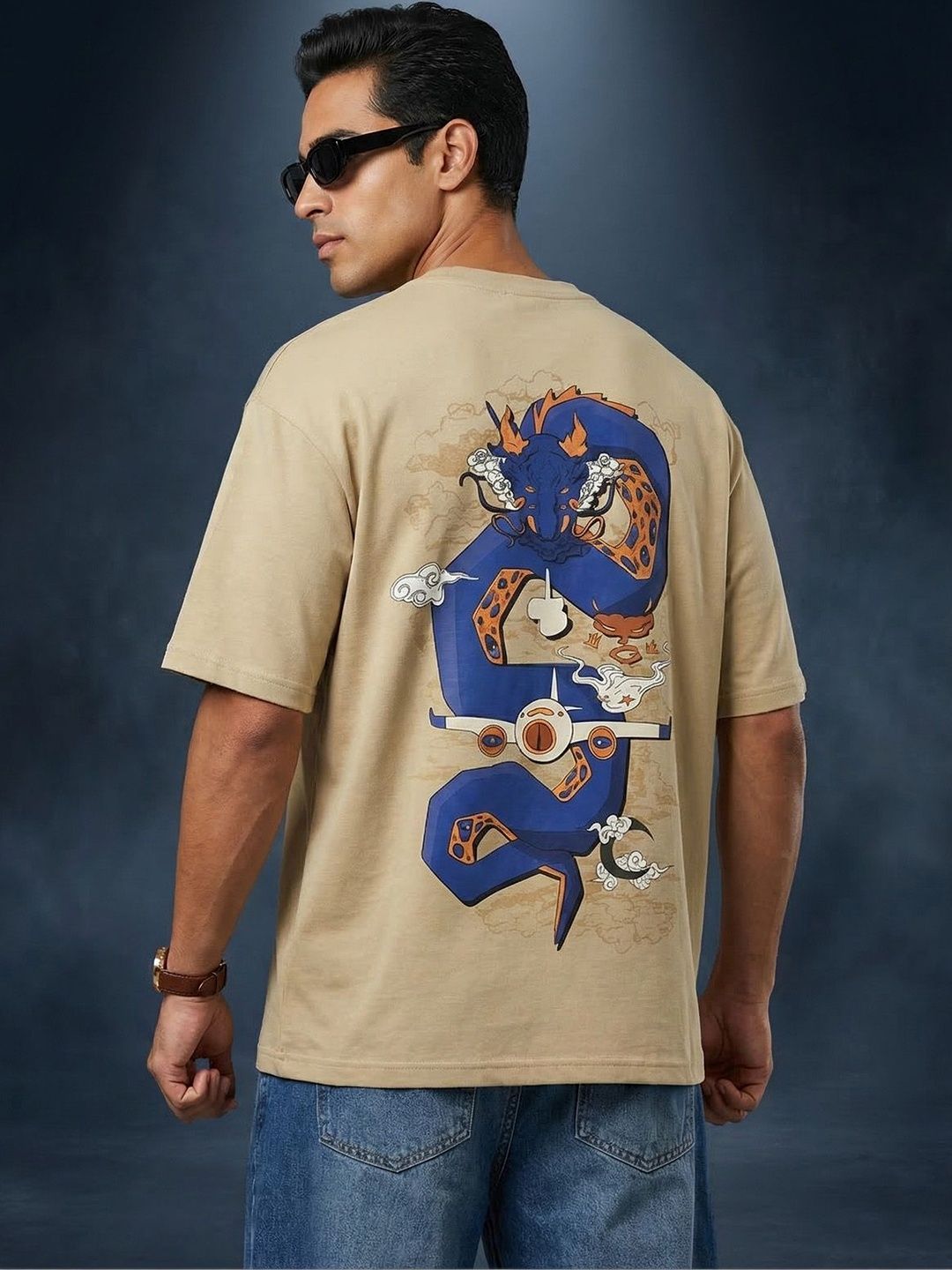 VEIRDO Men Graphic Printed Round Neck Pure Cotton Oversized T-shirt