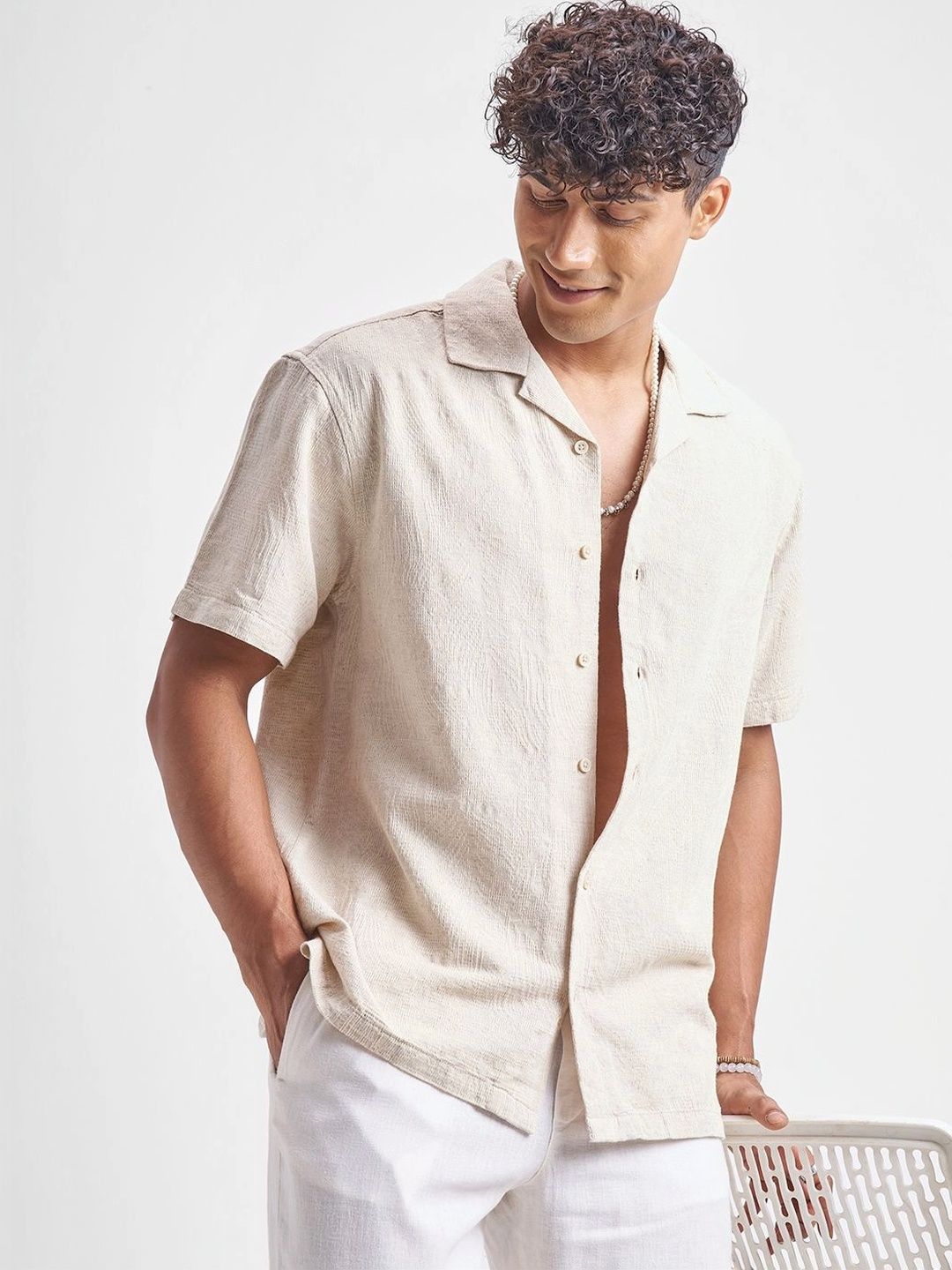 HIGHLANDER Men Relaxed Fit Textured Cuban Collar Cotton Casual Shirt
