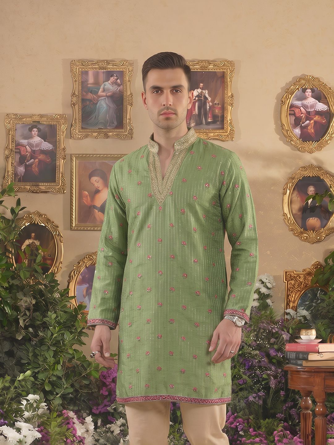 House of Pataudi Jashn Ethnic Motifs Sequinned Embroidered Straight Kurta