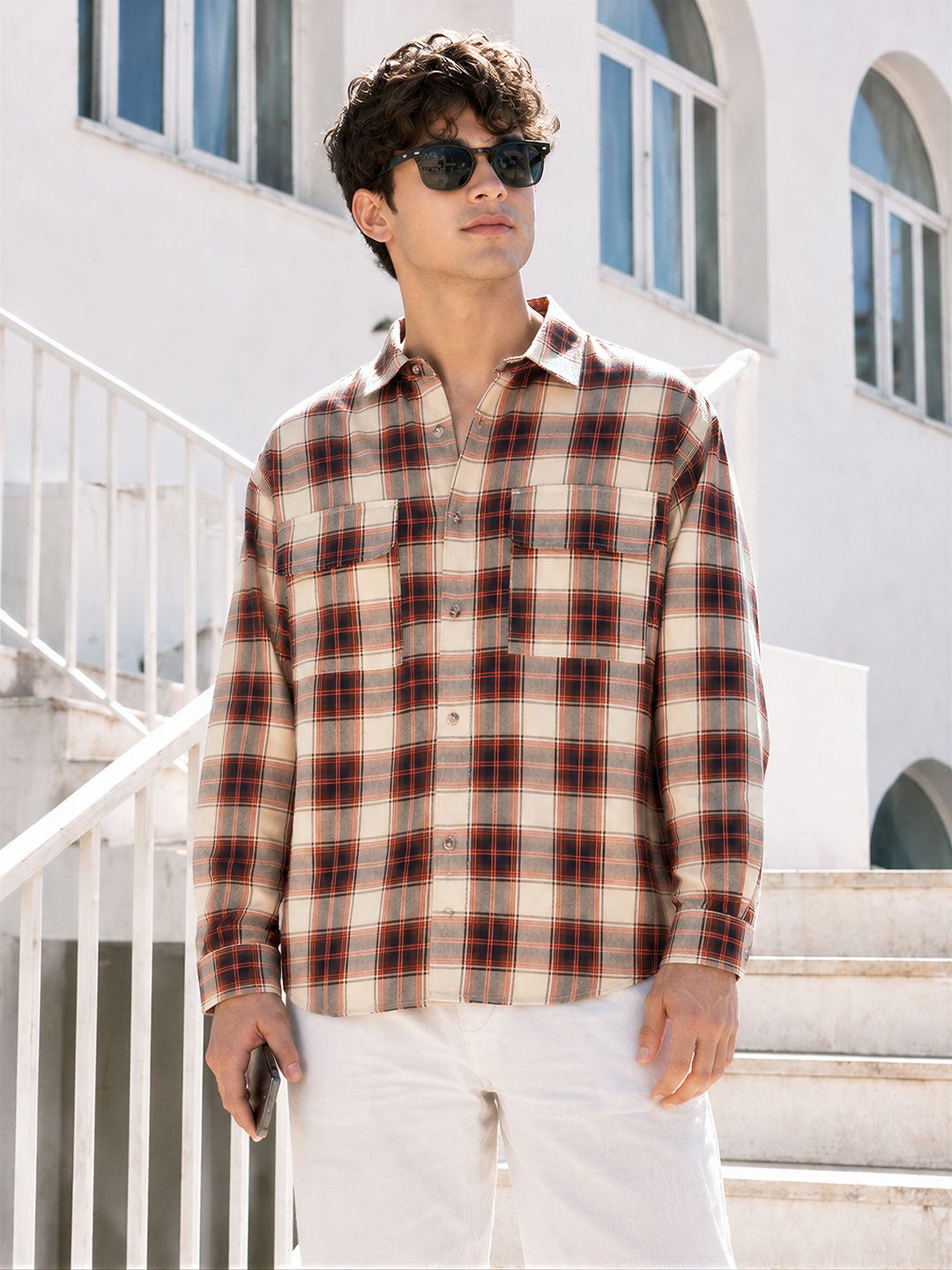 The Indian Garage Co Tartan Checks Drop-Shoulder Sleeves Oversized Casual Shirt
