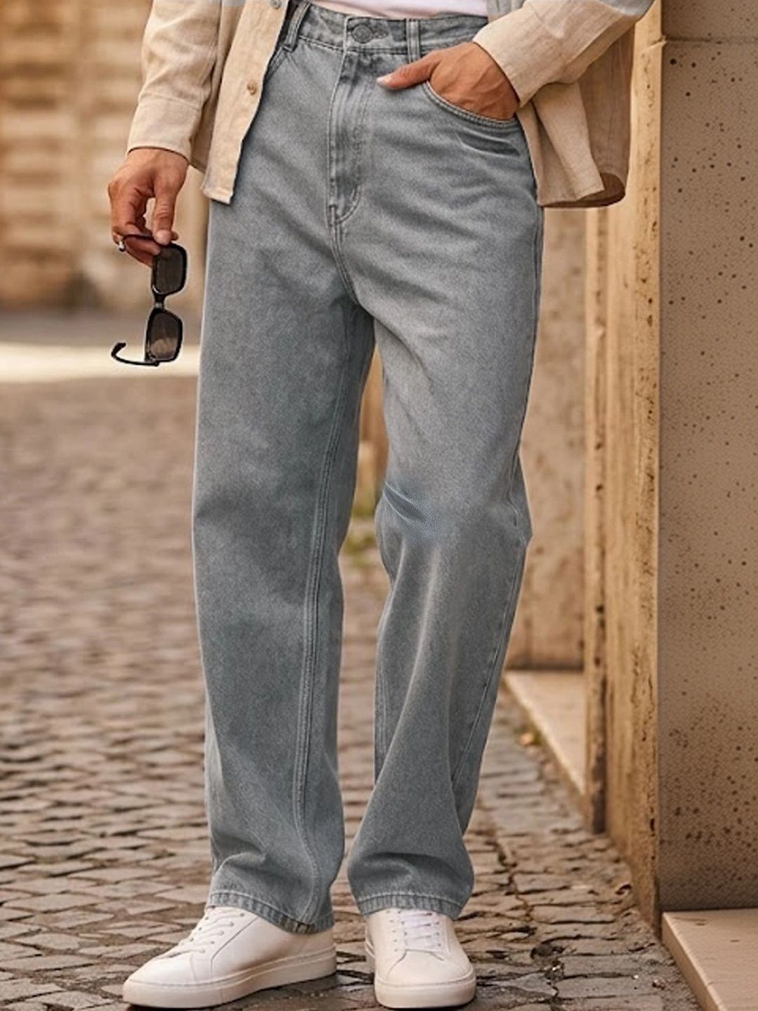 Urbano Fashion Men's Ice Grey Loose Baggy Fit Non-Stretchable Washed Cotton Jeans