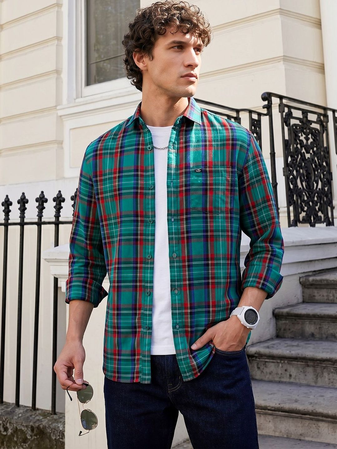 The Indian Garage Co Men Checked Slim Fit Tartan Opaque Casual Shirt