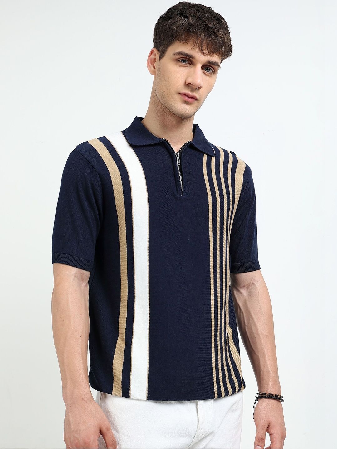 MOHICANS Men Striped Polo Collar Pure Cotton Zipper Tshirt