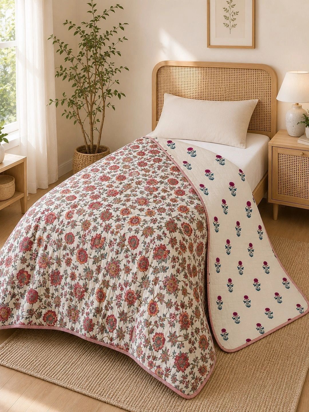 RRC RRC White Floral Microfiber Cotton Lightweight AC Room 120 GSM Reversible Single Bed Dohar