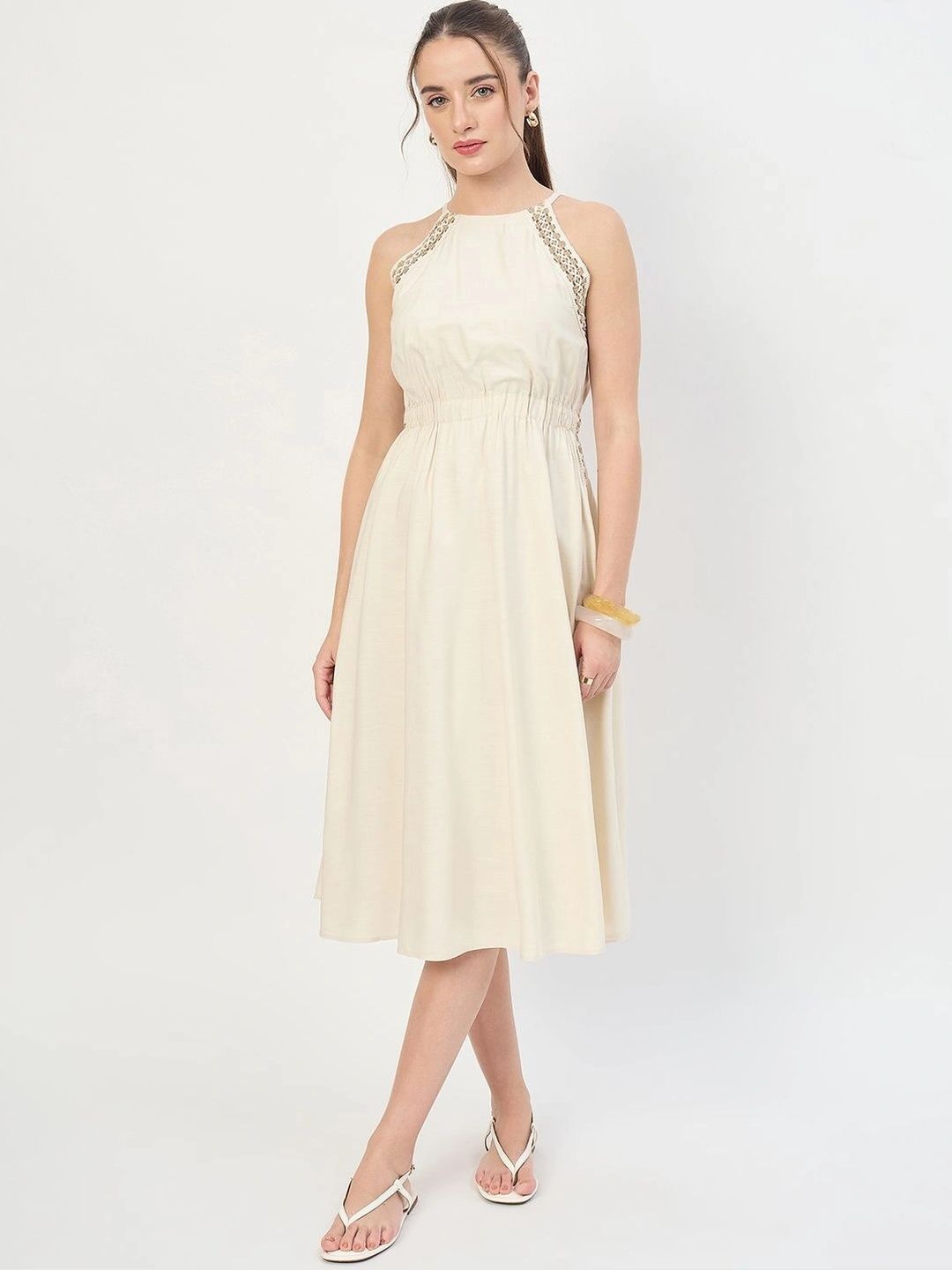 Madame Madame Ethnic Motifs Embroidered Halter Neck A-Line Dress