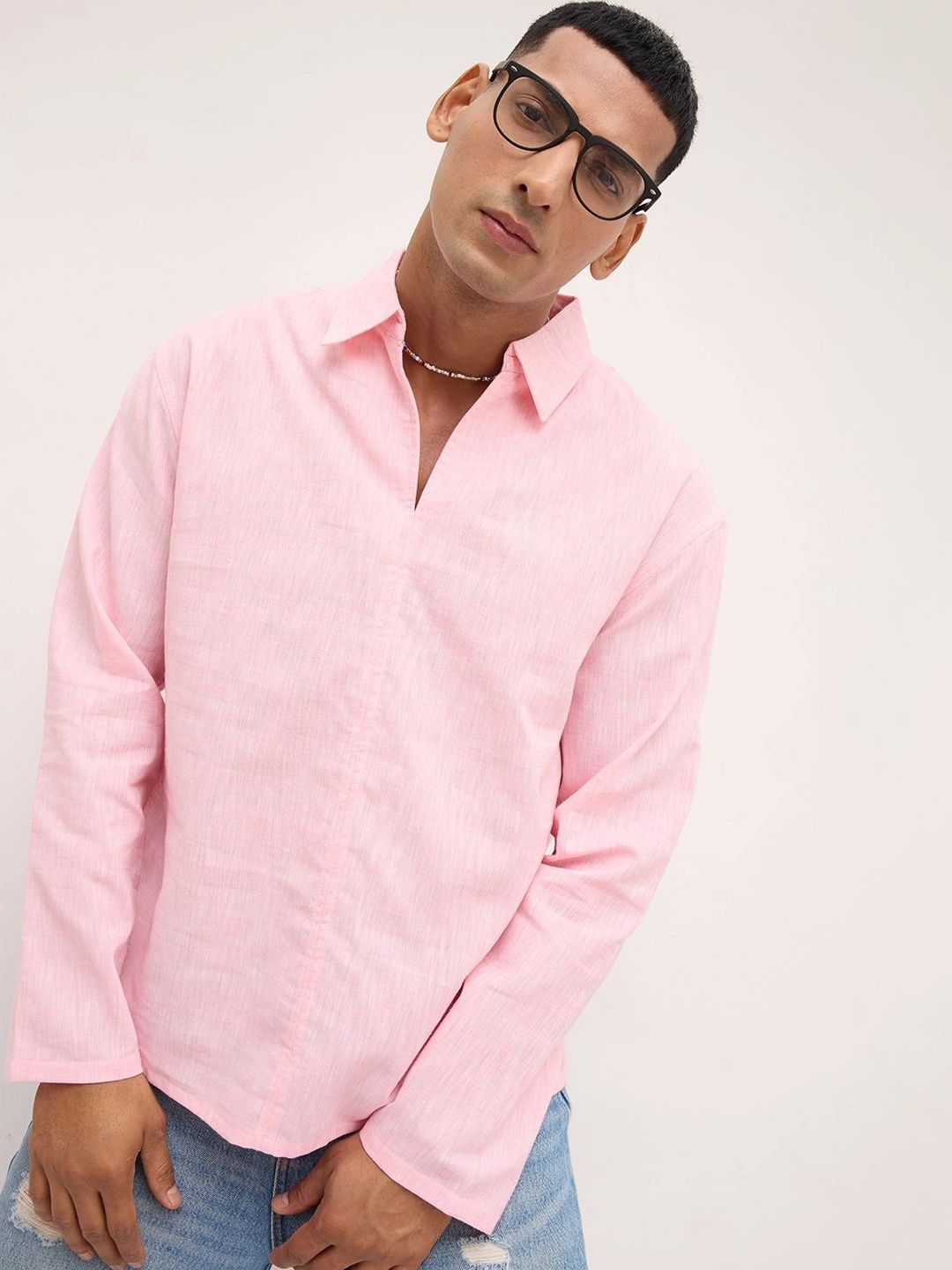 VASTRADO Soft Pink Textured Center Seam Oversized Polo Shirt