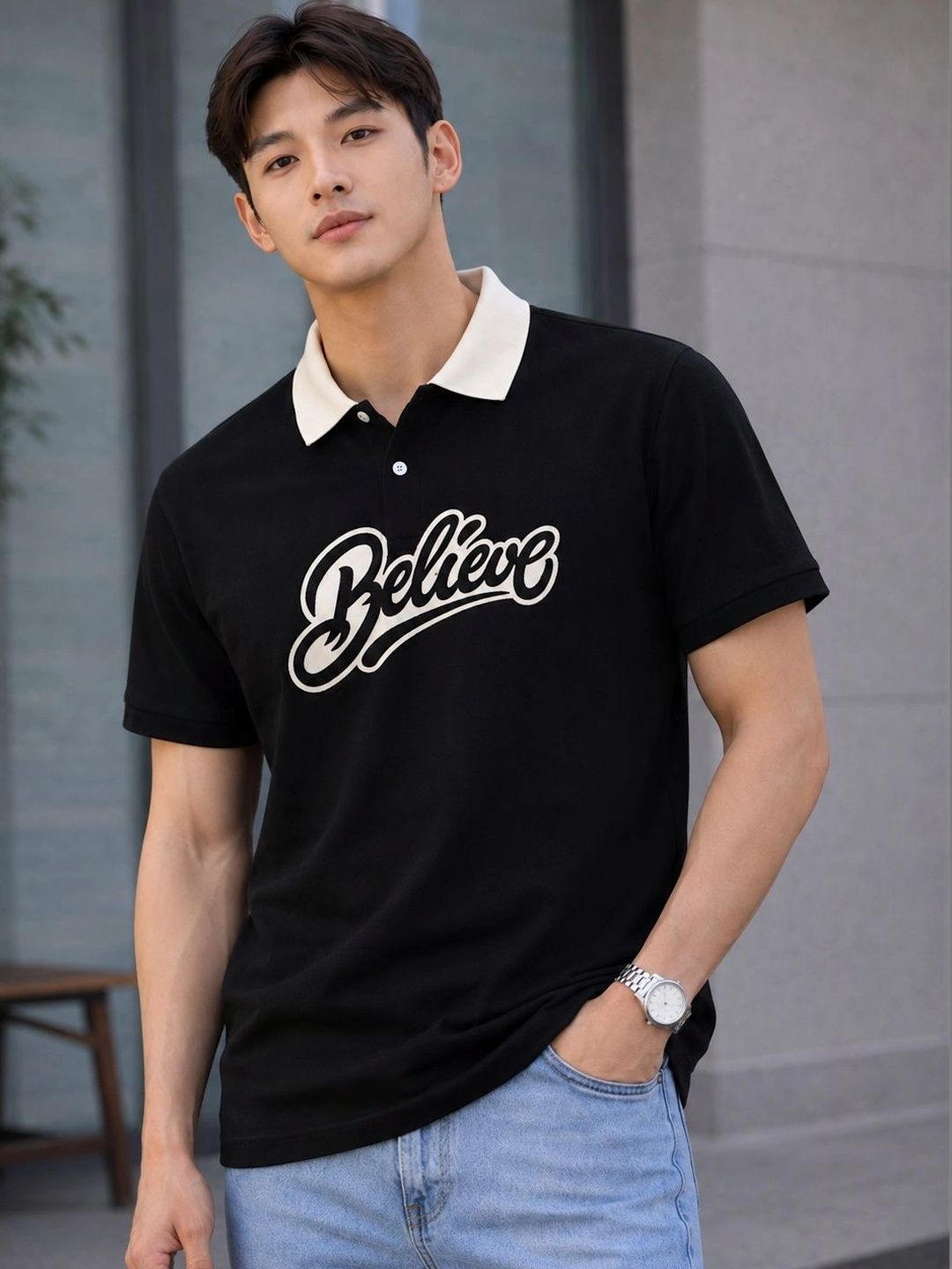 HERE&NOW Men Typography Printed Polo Collar T-shirt