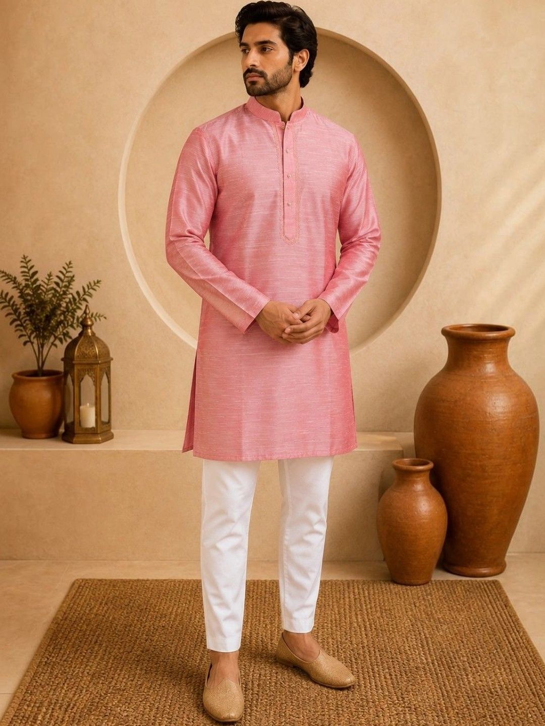 TATTVA Mandarin Collar Thread Work Cotton Straight Kurta