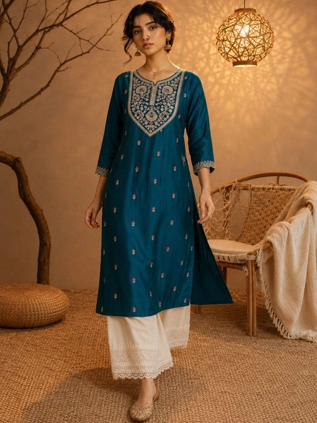 rarethread Women Ethnic Motifs Embroidered Thread Work Kurta
