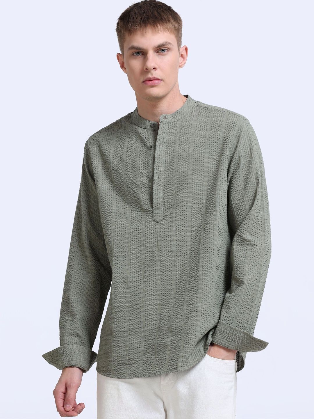 StitchX StitchX Men's Seersucker Band Collar Pure Cotton Striped Kurta Shirt