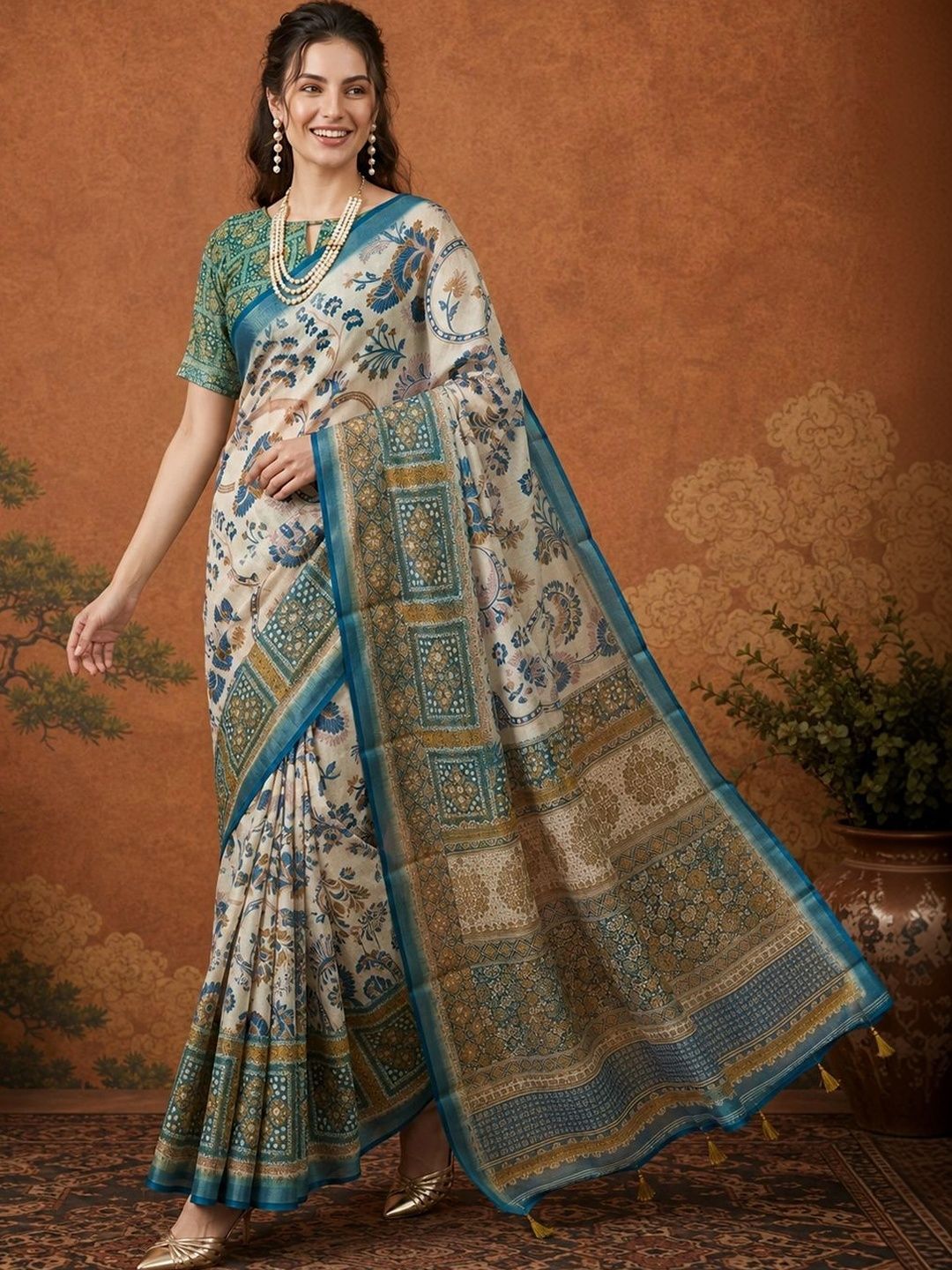 Sangria Floral Zari Pure Linen Fusion Khadi Saree