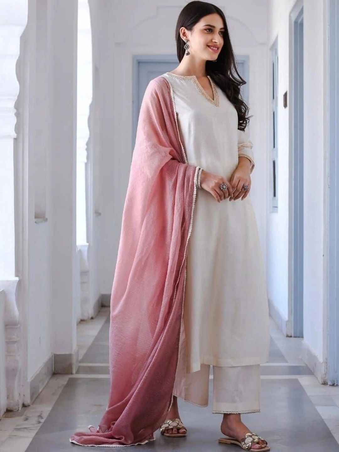 NILHARI V-Neck Regular Kurta With Trousers & Dupatta