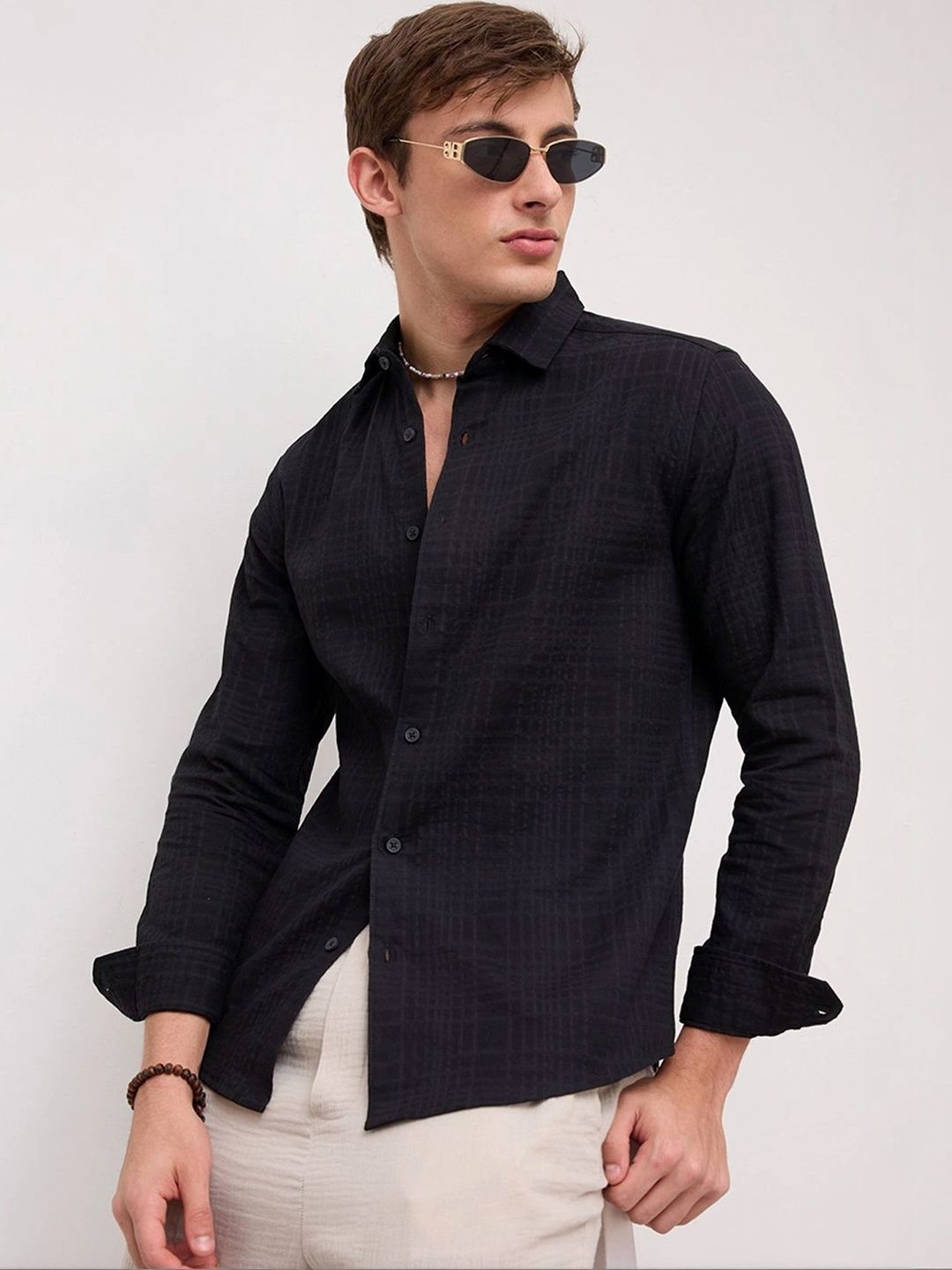 VASTRADO Plush Black Ledger Checks Double Cloth Shirt