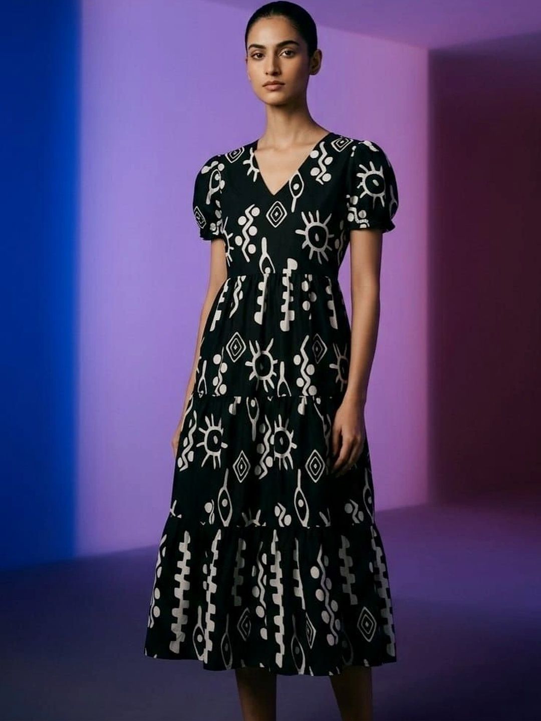 Chakkara Print Puff Sleeve Crepe A-Line Midi Dress