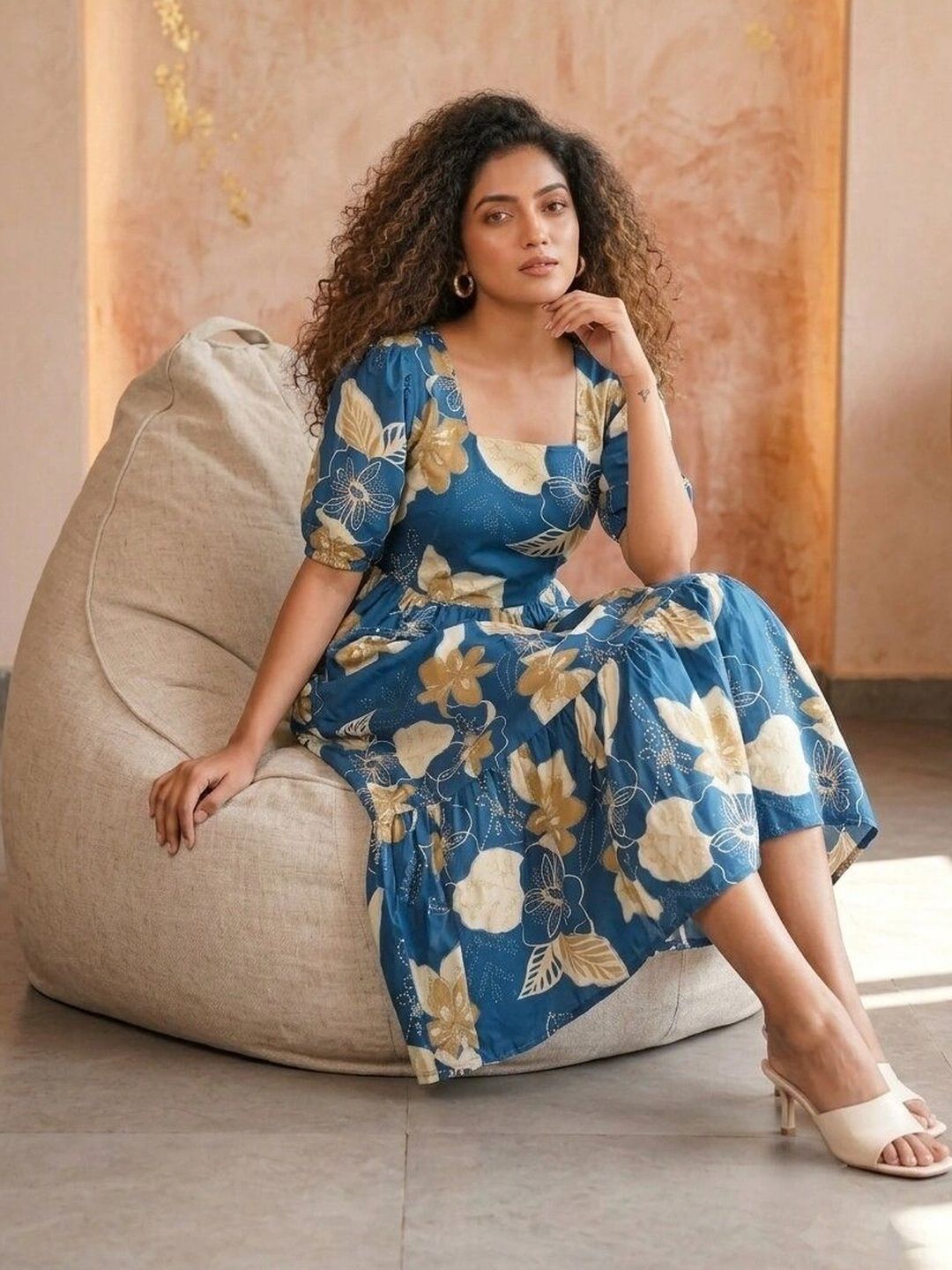 ZELI Floral Print Puff Sleeve A-Line Midi Dress