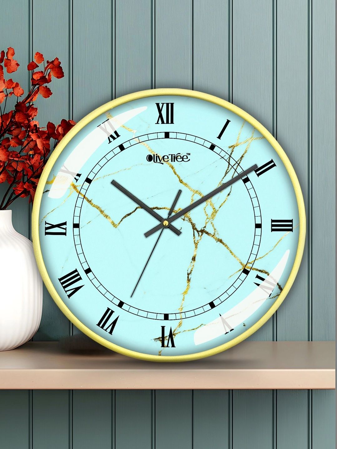 OLIVE TREE OLIVE TREE Gold-Toned & Blue Printed Contemporary Wall Clock