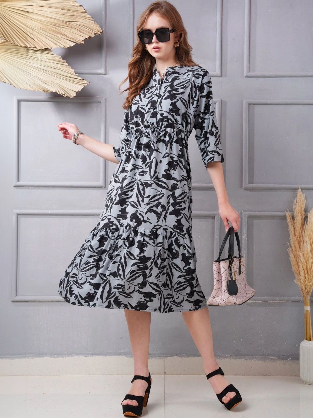 Minelli Floral Print A-Line Midi Dress